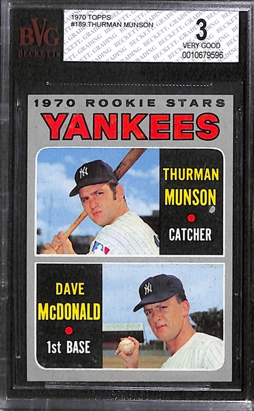 Lot of (2) 1970 Topps Thurmon Munson Rookie Cards Graded Beckett BVG 6.5 and BVG 3