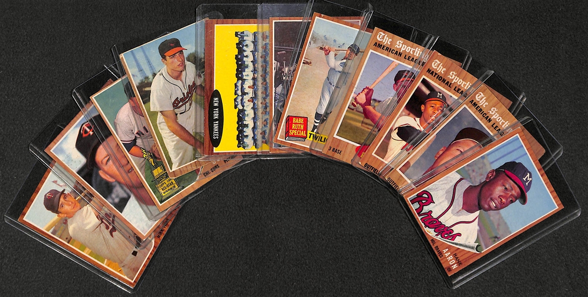 Lot of 11 - 1962 Topps Baseball Cards w. Hank Aaron & Mickey Mantle All Star