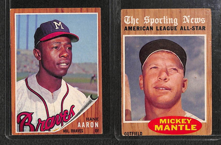 Lot of 11 - 1962 Topps Baseball Cards w. Hank Aaron & Mickey Mantle All Star