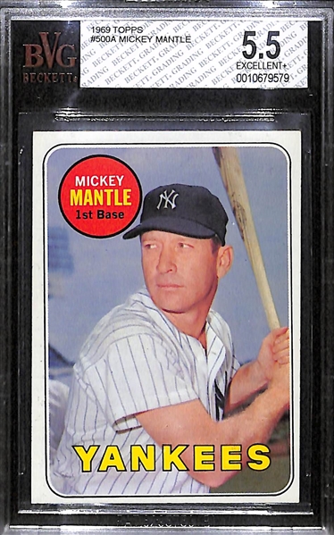 1969 Topps Mickey Mantle Card Graded BVG 5.5 (Card # 500)