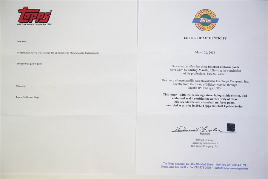Mickey Mantle Game Event Worn Pants From 1989 - Topps COA