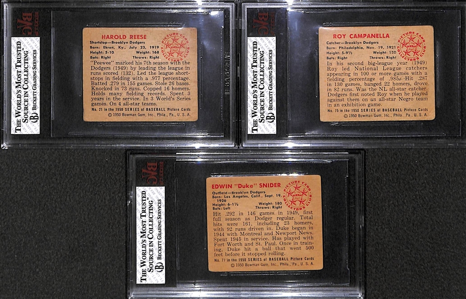 Lot of 3 - 1950 Bowman Baseball Cards - Reese, Campanella, Snider - BVG