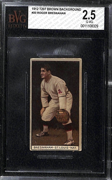 Lot of (2) 1912 T207 Recruit Cards inc. HOFer Roger Bresnahan (BVG 2.5) - St. Louis (misspelled Bresnaham) & Henriksen (Red Sox)  
