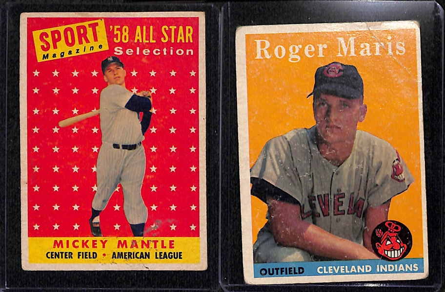 Lot of (43) 1958 Topps Baseball Cards w/ Mantle AS, Mays, Killebrew, Maris Rookie, Drysdale