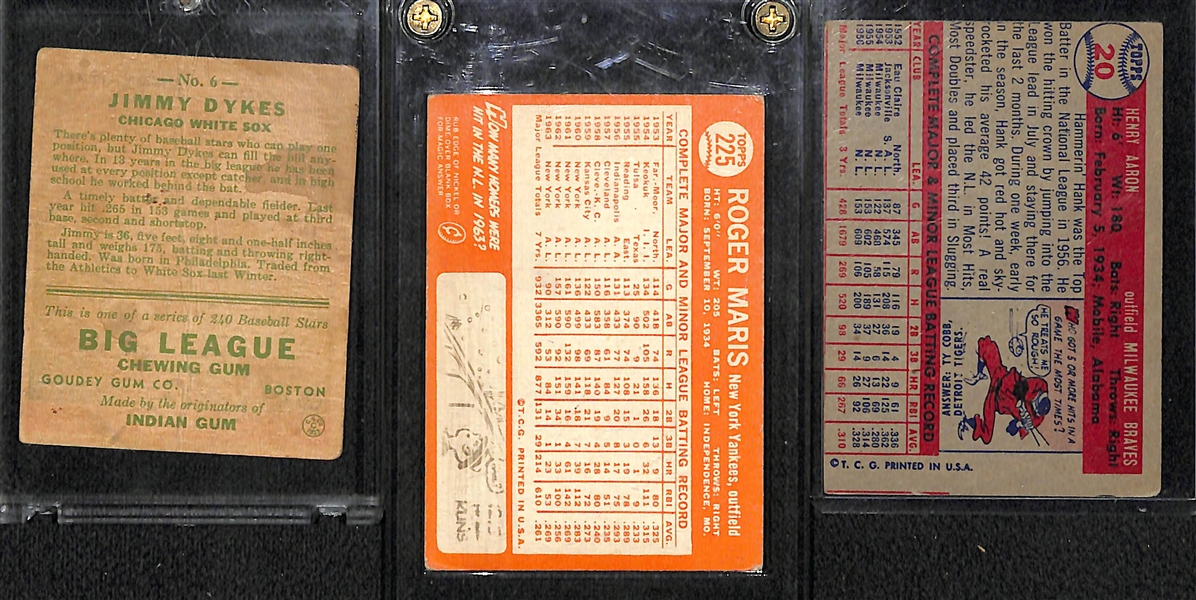 Lot of (3) Vintage Baseball Cards (1957T Hank Aaron, 1993 Goudey J. Dykes, 1964 R. Maris)