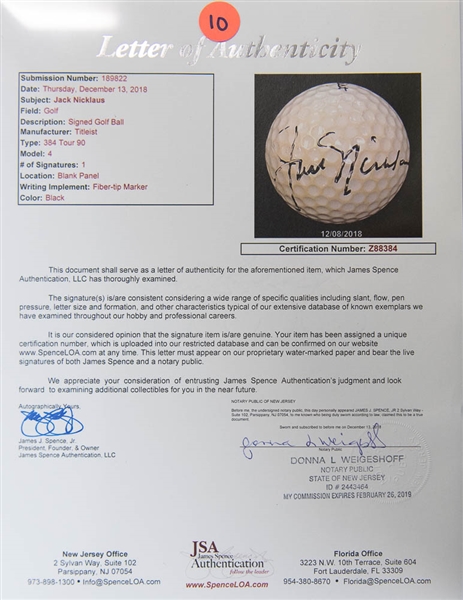 Jack Nicklaus Signed Titleist Golf Ball - JSA LOA