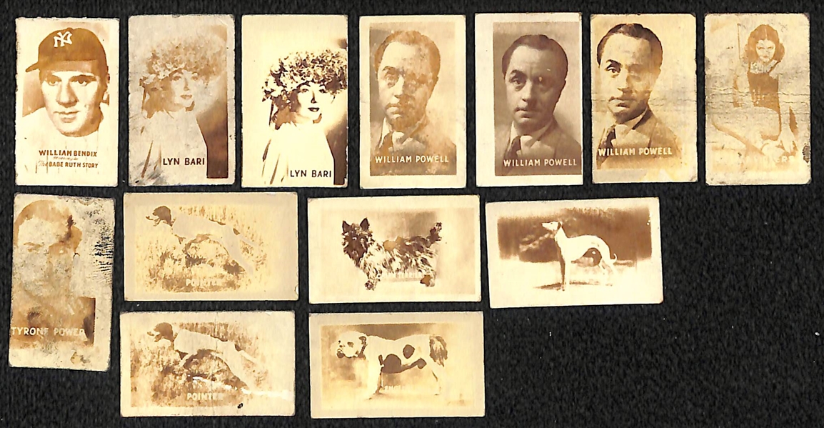 Lot of (13) 1948 Topps Magic Cards - Bendix Babe Ruth Story, (7) Actors/Actresses, (5) Dogs