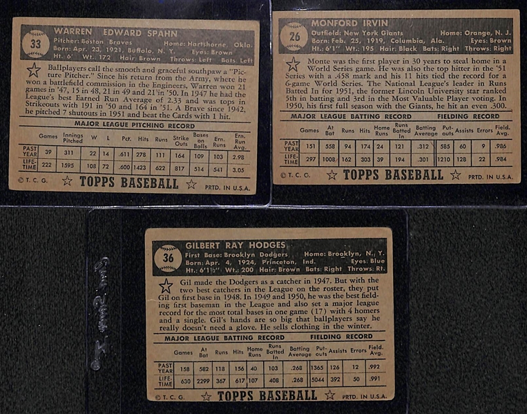 1952 Topps Lot of (3) - Spahn (HOF), Irvin (HOF), and Hodges