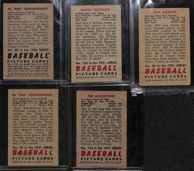 Lot of (5) 1950-51 Bowman Star/HOF Cards - (2) Schoendienst, Rizzuto, B. Thomson, Kluszewski