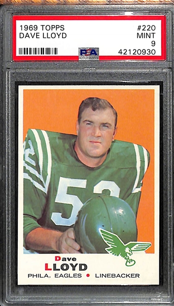 Lot of (2) PSA 9 Mint 1969 Football Cards - Dave Lloyd # 220 (Eagles) and Pete Case #197 (Giants)