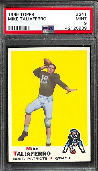 Lot of (2) PSA 9 Mint 1969 Football Cards - Taliaferro # 241 (Patriots) and Hazeltine #204 (49ers)