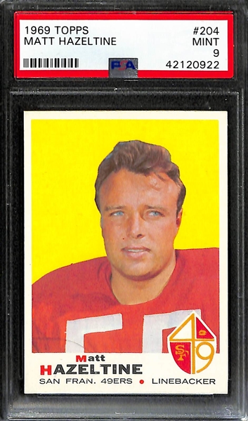 Lot of (2) PSA 9 Mint 1969 Football Cards - Taliaferro # 241 (Patriots) and Hazeltine #204 (49ers)
