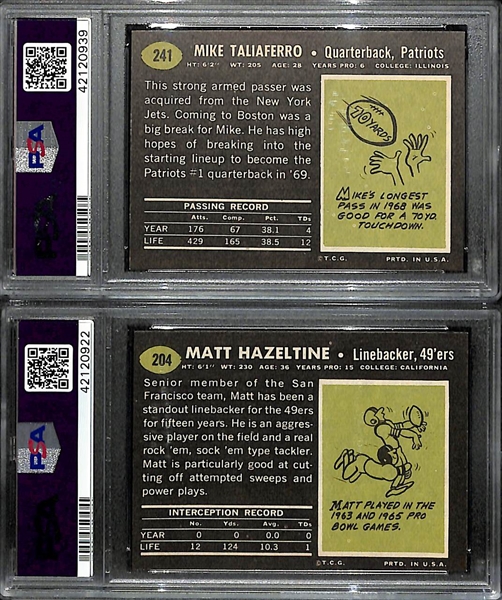 Lot of (2) PSA 9 Mint 1969 Football Cards - Taliaferro # 241 (Patriots) and Hazeltine #204 (49ers)