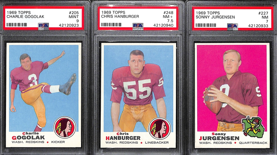 Lot of (3) 1969 Topps Redskins FB Cards - Gogolak #205 PSA 9 Mint, Hanburger PSA 7.5, and Jurgensen PSA 7 NM