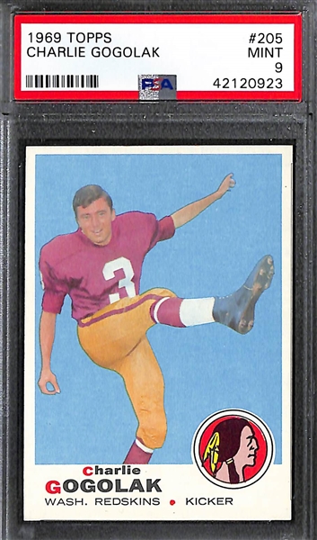 Lot of (3) 1969 Topps Redskins FB Cards - Gogolak #205 PSA 9 Mint, Hanburger PSA 7.5, and Jurgensen PSA 7 NM