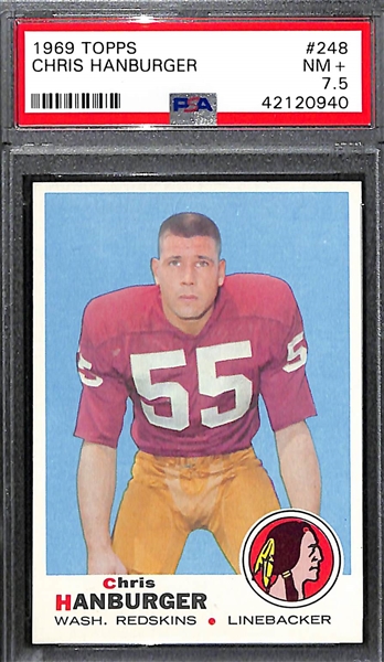 Lot of (3) 1969 Topps Redskins FB Cards - Gogolak #205 PSA 9 Mint, Hanburger PSA 7.5, and Jurgensen PSA 7 NM