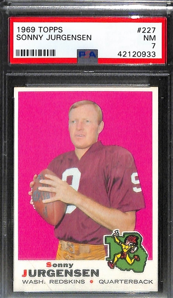 Lot of (3) 1969 Topps Redskins FB Cards - Gogolak #205 PSA 9 Mint, Hanburger PSA 7.5, and Jurgensen PSA 7 NM