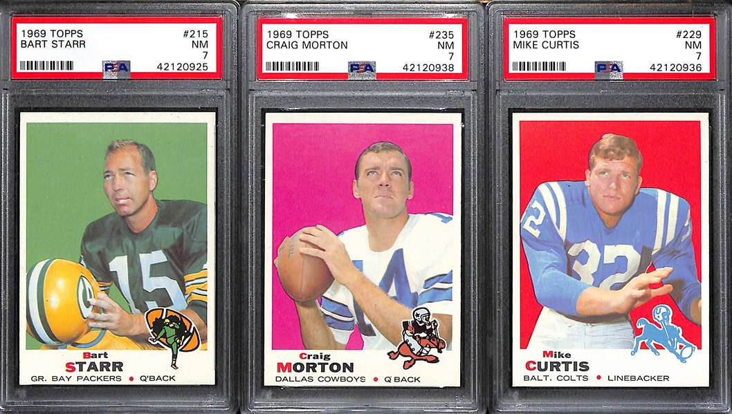 Lot of (3) Pack-Fresh PSA 7 (NM) 1969 Football Cards - Bart Starr #215 (Packers), Craig Morton #235 (Cowboys), M. Curtis #229 (Colts)