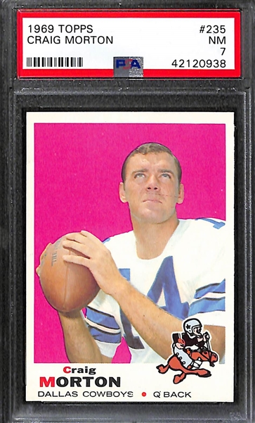 Lot of (3) Pack-Fresh PSA 7 (NM) 1969 Football Cards - Bart Starr #215 (Packers), Craig Morton #235 (Cowboys), M. Curtis #229 (Colts)