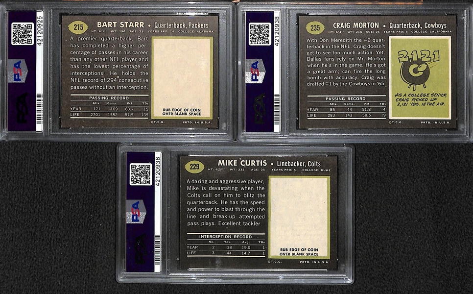 Lot of (3) Pack-Fresh PSA 7 (NM) 1969 Football Cards - Bart Starr #215 (Packers), Craig Morton #235 (Cowboys), M. Curtis #229 (Colts)