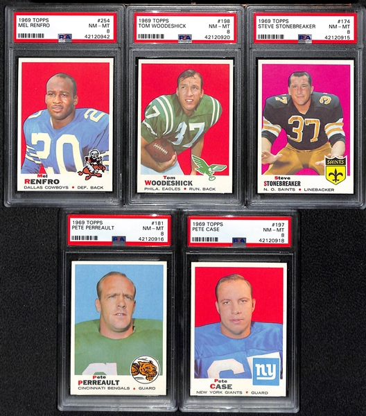 Lot of (5) Pack-Fresh PSA 8 (NM-MT) 1969 Cards w/ Mel Renfro, Woodeshick, Stonebreaker, Perreault, Case