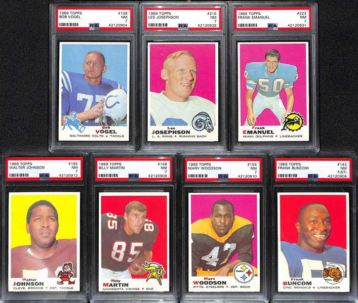Lot of (7) Pack-Fresh PSA 7 (NM) 1969 Cards - Vogel, Josephson, Emanuel, W. Johnson, B. Martin, Woodson, Buncom.