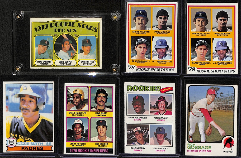 Lot of (7) 1970s Baseball Rookies - Fisk, Gossage, Ozzie Smith, (2) Molitor/Trammel), Randolph, Murphy