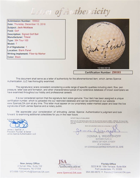 Jack Nicklaus Signed Titleist Golf Ball - JSA LOA