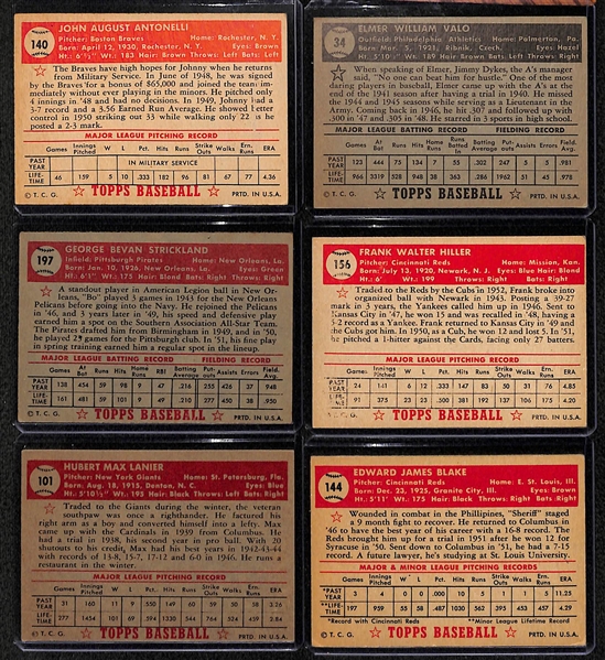 Lot of (6) 1952 Topps Baseball Cards w/ Antonelli, Valo, Strickland, Hiller, Lanier, Blake