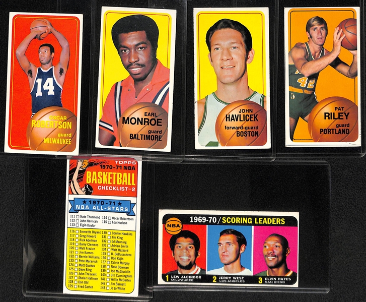 (6) 1970-71 Topps Basketball Cards - Robertson, Monroe, Havlicek, Riley, Checklist 2, Scoring Leaders (#1)