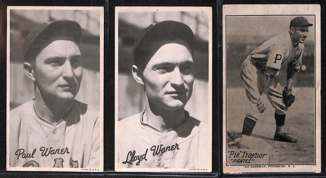 Lot of 3 Circa 1930's Pirates HOFer Goudey Premium Cards (Paul Waner, Pie Traynor, Lloyd Waner)
