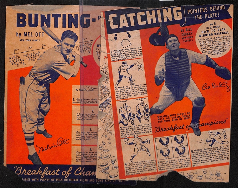 Lot of 2 1936 Wheaties Box Backs - Mel Ott & Bill Dickey
