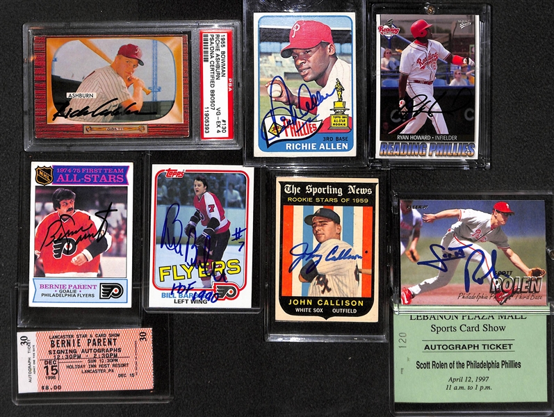 Lot of 7 Philadelphia Teams Signed Cards w. Ashburn & Allen