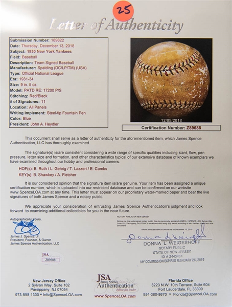 1930 NY Yankees Signed Baseball w. Babe Ruth (on Sweet Spot), Lou Gehrig, Tony Lazzeri, Earl Combs (JSA LOA)