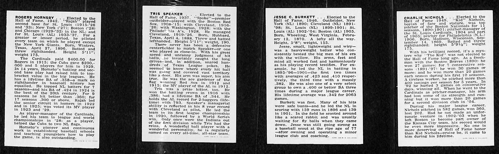 Lot of 4 1950 Callahan HOF Cards w. Rogers Hornsby
