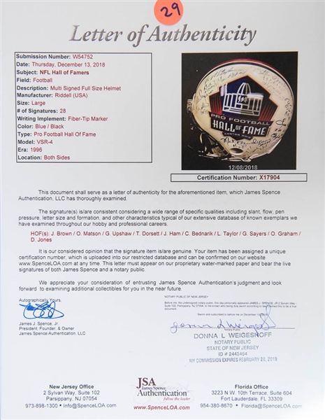 Full Size HOF Football Helmet Signed by 28 Hall of Famers (inc. Jim Brown, Lawrence Taylor, Dorsett, Sayers, and 24 more!) w. JSA LOA