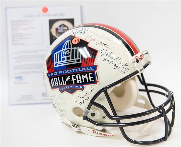 Full Size HOF Football Helmet Signed by 28 Hall of Famers (inc. Jim Brown, Lawrence Taylor, Dorsett, Sayers, and 24 more!) w. JSA LOA
