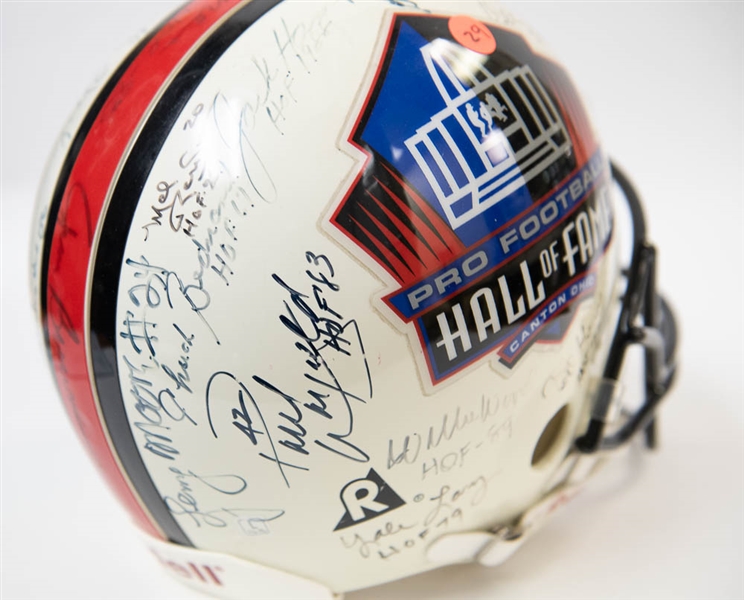 Full Size HOF Football Helmet Signed by 28 Hall of Famers (inc. Jim Brown, Lawrence Taylor, Dorsett, Sayers, and 24 more!) w. JSA LOA