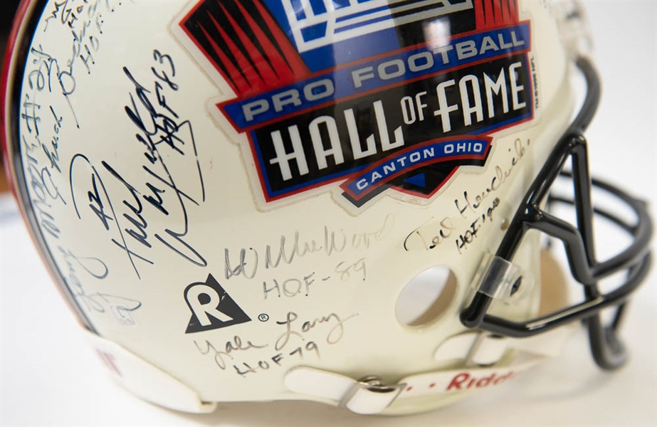 Full Size HOF Football Helmet Signed by 28 Hall of Famers (inc. Jim Brown, Lawrence Taylor, Dorsett, Sayers, and 24 more!) w. JSA LOA