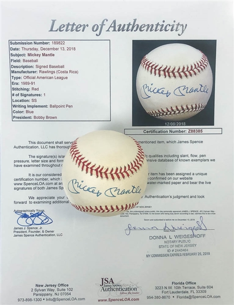 Mickey Mantle Signed American League Baseball - JSA LOA