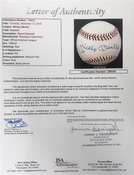 Mickey Mantle Signed American League Baseball - JSA LOA