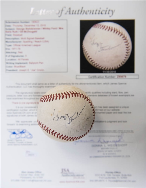 Baseball Signed By George Steinbrenner, Mrs. Babe Ruth, and Whitey Ford (RARE NY Yankees Item) - JSA LOA