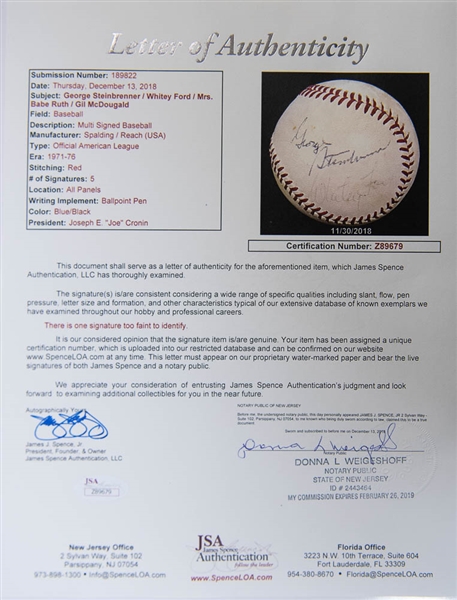 Baseball Signed By George Steinbrenner, Mrs. Babe Ruth, and Whitey Ford (RARE NY Yankees Item) - JSA LOA