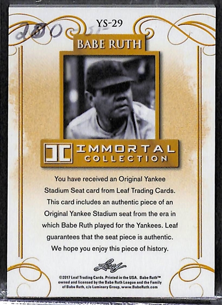 2017 Leaf Babe Ruth Immortal Collection 1/1 Yankee Seat Relic Card