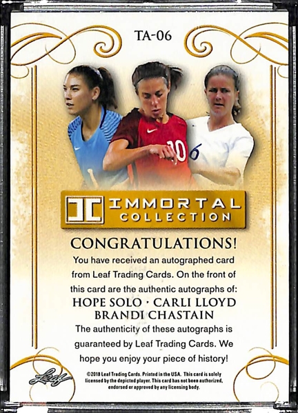 2018 Leaf Immortal Hope Solo/Carli Lloyd/Brandi Chastain Triple Autograph Card 8/10