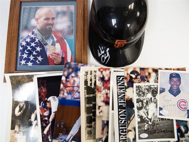 Lot Of 12 Signed Sports Photos & Baseball Helmet w. Ken Stabler/Gale Sayers/Ernie Banks - JSA