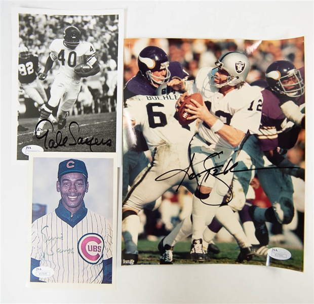 Lot Of 12 Signed Sports Photos & Baseball Helmet w. Ken Stabler/Gale Sayers/Ernie Banks - JSA