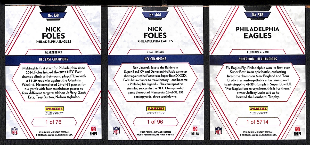 Lot of 3 Panini Instant Eagles Card Sets - Super Bowl/NFC Champs/NFC East Champs