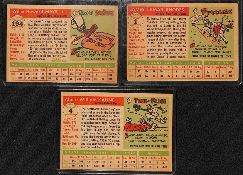 Lot of 3 1955 Topps Cards - Willie Mays, Al Kaline, and D. Rhodes (Card #1)
