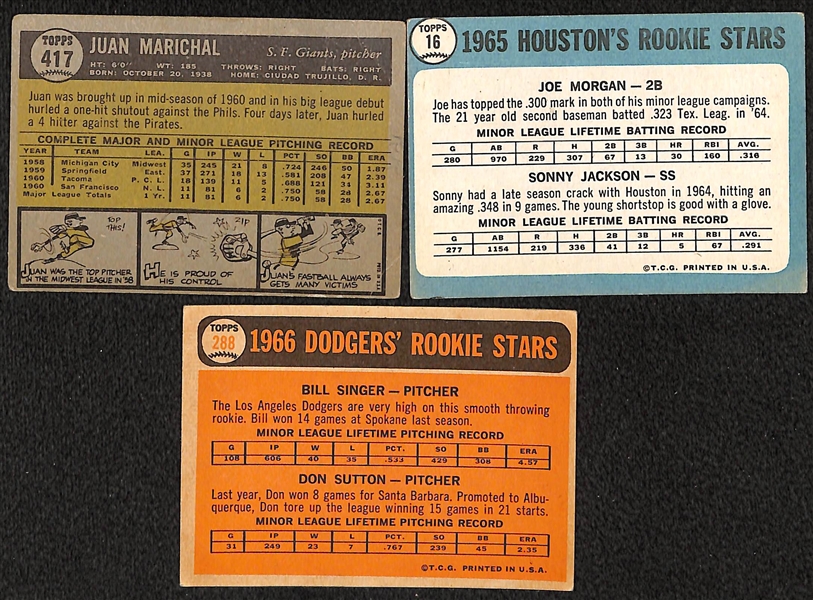 1960s Lot of 3 HOFer Rookie Cards (Juan Marichal, Joe Morgan, Don Sutton)